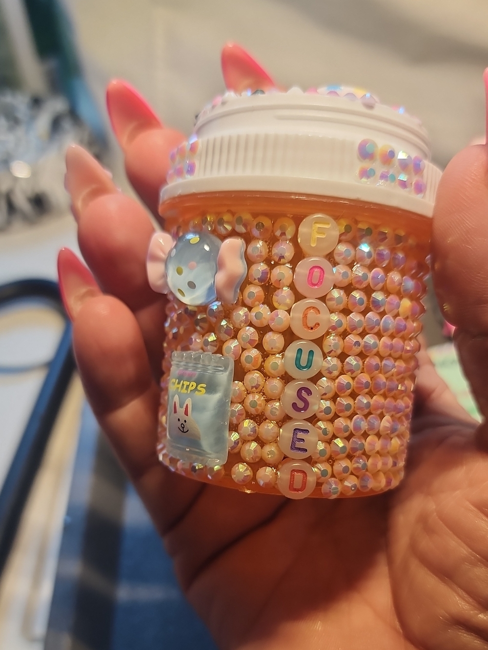 Hand-Embellished Rhinestone Pill Bottle With Candy Embellishments "Focused"